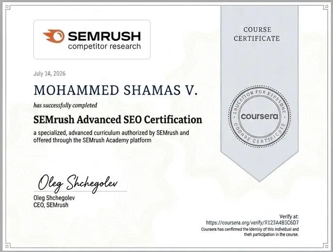 semrush certification earned by the data driven digital marketing strategist in qatar