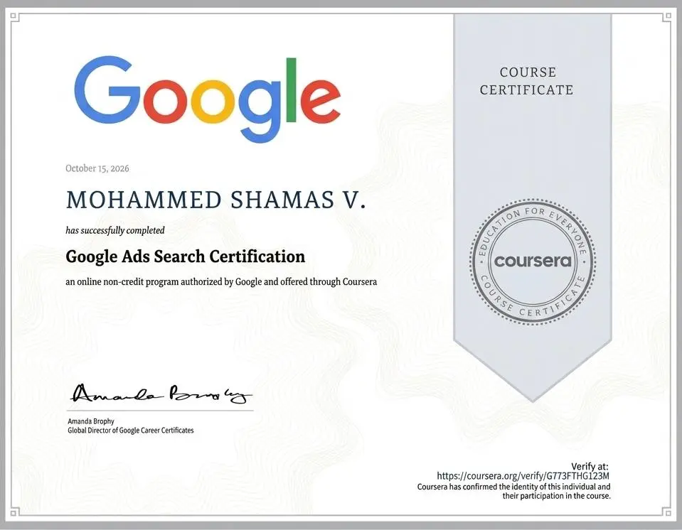google ads certification achieved by the perfomance focused digital marketing strategist in qatar